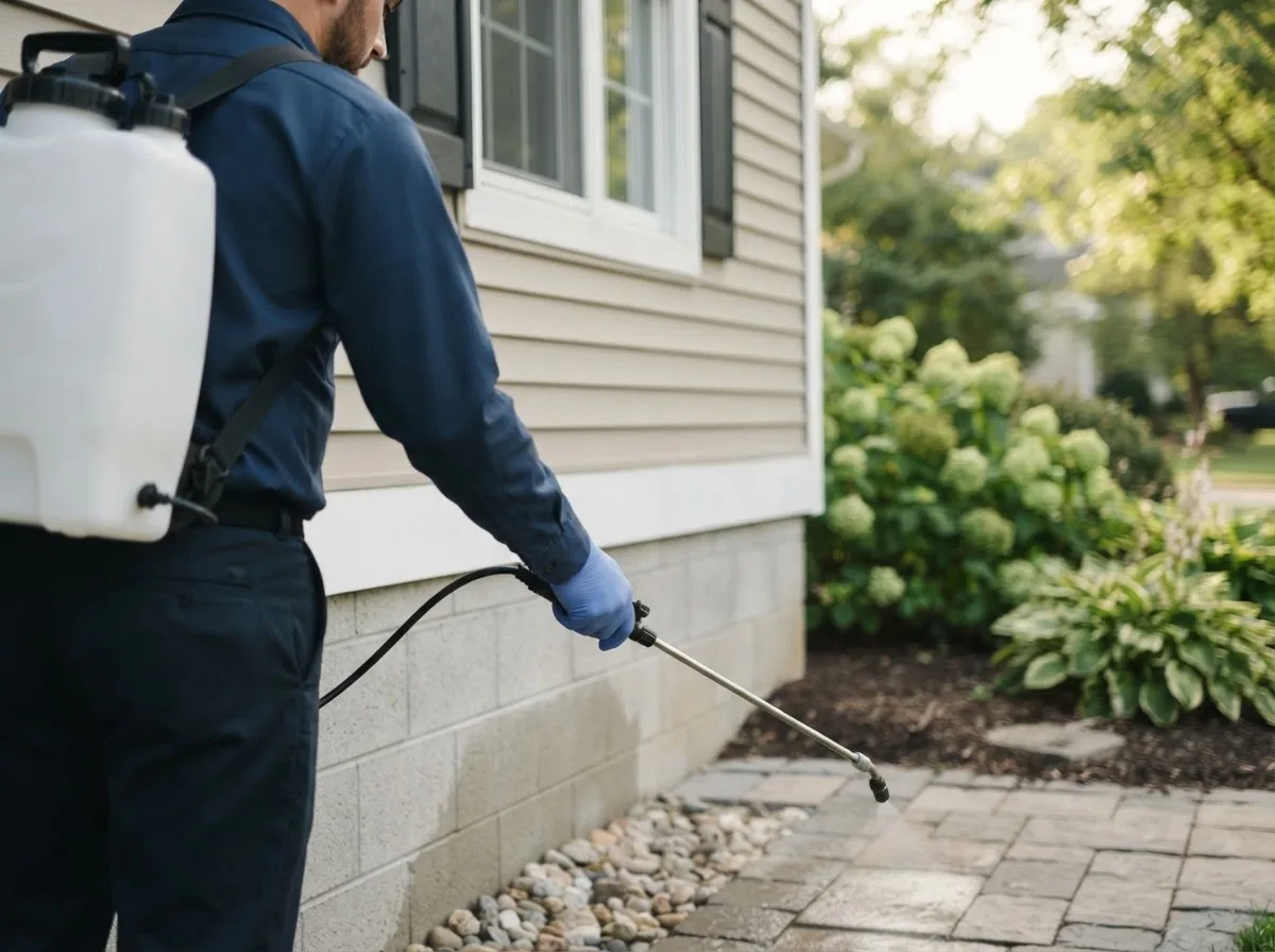 Pest control technician inspecting a home in Hugheston, WV